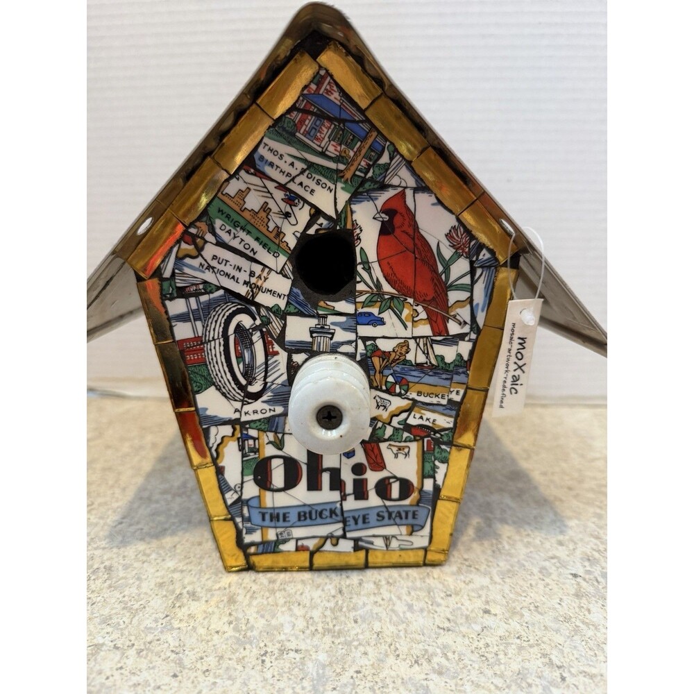 Mosaic Birdhouse Vintage Ohio Souvenir China License Plate Roof moXaic
